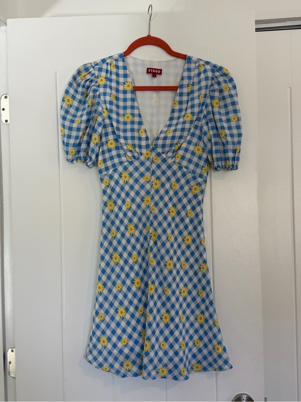 STAUD Blue Gingham Daisy V-Neck Mini Dress with Yellow Floral Print